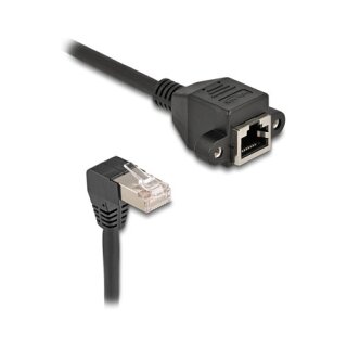 Delock Netzwerk Verlängerungskabel S/FTP Stecker RJ45 Stecker 90° gewinkelt zu RJ45 Einbaubuchse Cat.6A 5 m schwarz