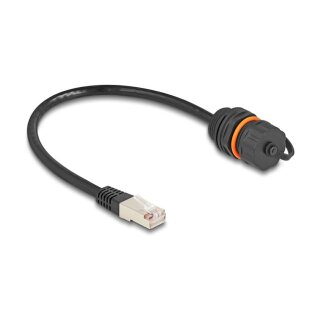 Kabel RJ45 Stecker zu RJ45 Buchse Cat.6A zum Einbau mit M20 Gewinde und Verschlusskappe IP68 staub- und wasserdicht 25 cm schwarz