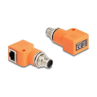 M12 Adapter A-kodiert 8 Pin Stecker zu RJ45 Buchse Cat.5e mit Befestigungsloch 90° gewinkelt orange