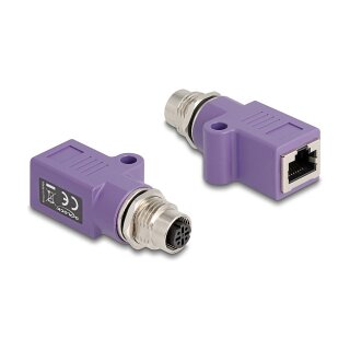 Delock M12 Adapter D-kodiert 4 Pin Buchse zu RJ45 Buchse Cat.5e mit Befestigungsloch gerade violett