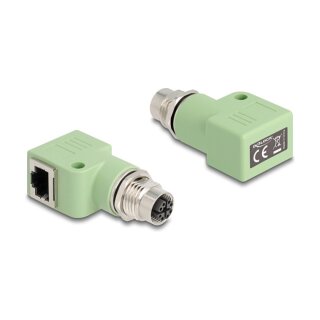 Delock M12 Adapter X-kodiert 8 Pin Buchse zu RJ45 Buchse Cat.5e mit Befestigungsloch 90° gewinkelt grün