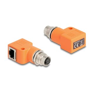 Delock M12 Adapter A-kodiert 8 Pin Buchse zu RJ45 Buchse Cat.5e mit Befestigungsloch 90° gewinkelt orange