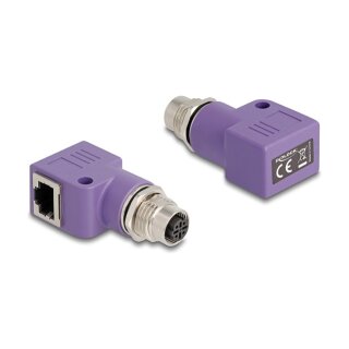 Delock M12 Adapter D-kodiert 4 Pin Buchse zu RJ45 Buchse Cat.5e mit Befestigungsloch 90° gewinkelt violett