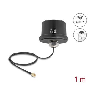 Delock WiFi 7 Antenne RP-SMA Stecker 3,1 - 3,5 dBi omnidirektional mit Anschlusskabel ULA100 1 m Dachmontage outdoor schwarz