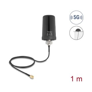 Delock 5G LTE GNSS WiFi 6 Antenne SMA Stecker 1,1 - 4,0 dBi omnidirektional mit Anschlusskabel ULA100 1 m Dachmontage outdoor schwarz