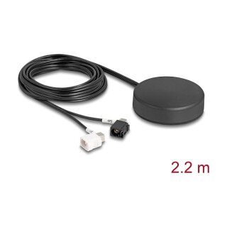 Delock 4G GNSS Antenne 1 x FAKRA A + 1 x FAKRA B Buchse 2 dBi / 28 dB 2,2 m RG-174 omnidirektional Dachmontage schwarz outdoor