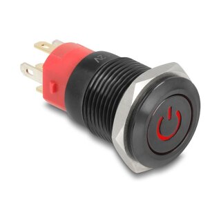 Druckschalter zum Einbau schwarz 16 mm 12 V 5 x Lötanschluss LED rot Powersymbol + Ring