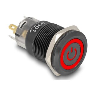 Druckschalter zum Einbau schwarz 19 mm 12 V 5 x Lötanschluss LED rot Powersymbol + Ring