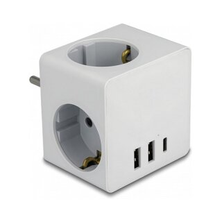 Delock Steckdosenwürfel 3-fach mit Kindersicherung und USB Ladegerät weiß