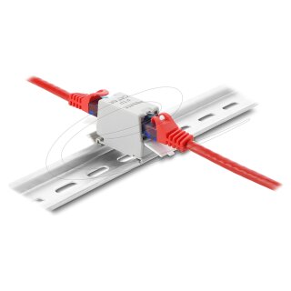 RJ45 Kupplung Cat.6A Buchse zu Buchse mit Staubschutzklappe für Hutschienen Montage geschirmt grau / weiß