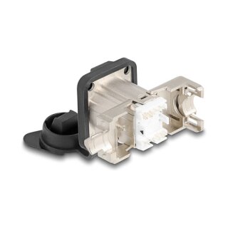 D-Typ RJ45 Einbaubuchse mit LSA Anschluss Cat.6A STP mit Schutzkappe IP66 staub- und wasserdicht