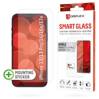 DISPLEX Smart Glass (9H) für Apple iPhone 13/13 Pro/14/16e Montagesticker, unzerbrechlich, ultra-dünn, unsichtbar