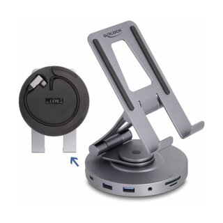 Tablet und Notebook Dockingstation 4K mit integrierter Halterung - HDMI / USB / Hub / SD / Micro SD / PD 3.0 - 360° drehbar