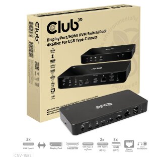 Club3D KVM Switch 4K60Hz 2x USB-C> HDMI/DP/3xUSB/2xUSB-C/LAN