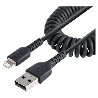 STARTECH.COM 1m 3ft USB to Lightning Cable MFi Certified Coiled iPhone Charger Cable Black Durable TPE Jacket Aramid Fiber