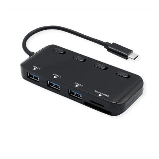 ROLINE USB 3.2 Gen 1 Hub, 3fach, Typ C Anschlusskabel, mit CardReader, Ports einzeln schaltbar