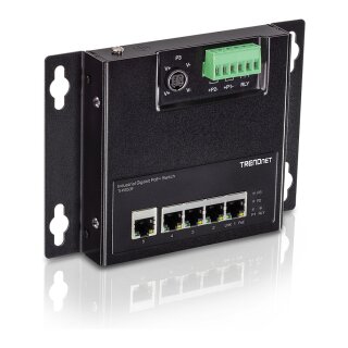 TRENDnet TI-PG50F 5-Port Industrial PoE+ Gigabit Front Access Switch, wandmontierbar