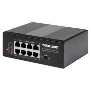 INTELLINET 8-Port PoE+ Gb Switch PoE-Passthrough 1xPD PoE 95W Eingangsstrom 7x PSE PoE Strombudget bis 120W DIN-Hutschienenmontage