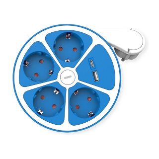 ROLINE 4-fach Steckdosenleiste mit Schalter, rund, USB-Charger A+C, blau, 1,5 m