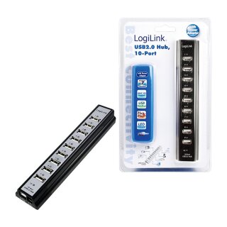 USB2.0 HUB 10Port LogiLink aktiv mit Netzteil Black