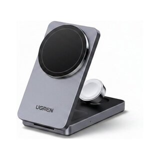 UGREEN W707 3-in-1 15W Magnetic Wireless Desktop Charger fuer iPhone, AirPods und Watch klappbar grau