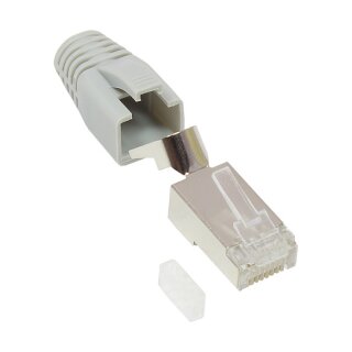 Connections RJ45 Netzwerkstecker Cat.6A, geschirmt, für Cat.7, Cat.6A, Cat.6 Kabel, inkl. Zugentlastung und Einfädelhilfe, grau
