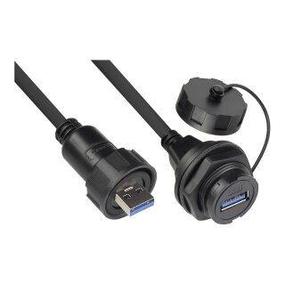 Connections Industrie-Steckverbinder S4 - USB 3.0 Kabel, Stecker A an Einbaubuchse A mit Kabelverschraubung, Bajonett, IP67, schwarz, 1m