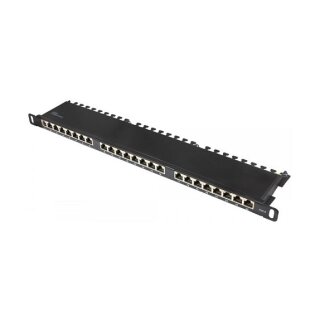 Connections Patchpanel 19" Cat. 6, 24-Port, 0,5 HE, STP geschirmt, werkzeugloses Öffnen, Tiefschwarz (RAL9005)