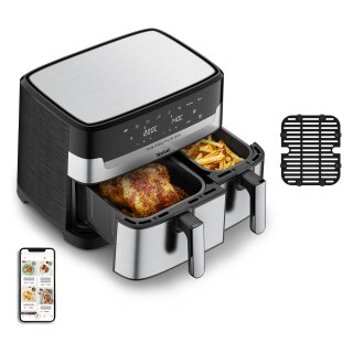 TEFAL Dual Easy Fry & Grill EY905D, Heißluftfritteuse, 8,3 l, Doppel, Edelstahl, Berührung, Eigenständig