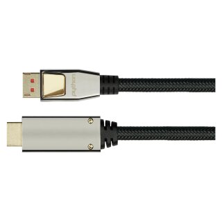 Series Anschlusskabel DisplayPort 1.4 an HDMI 2.0, 4K / UHD @60Hz, Vollmetallstecker, vergoldete Kontakte, OFC, Nylongeflecht schwarz, 2m