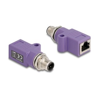 Delock M12 Adapter D-kodiert 4 Pin Stecker zu RJ45 Buchse Cat.5e mit Befestigungsloch gerade violett