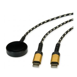 ROLINE USB Split-Ladekabel, bis 60W + Ladepad (bis 15W), fr Apple-Gerte, Typ C - C, schwarz / gold, 1,2 m