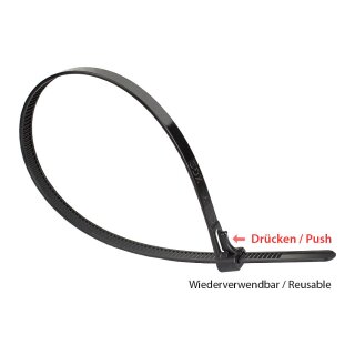 Connections Wiederverwendbarer Kabelbinder 150 mm x 7,2 mm, schwarz, UV-resistent, -40 °C bis +85 °C, 100 Stück