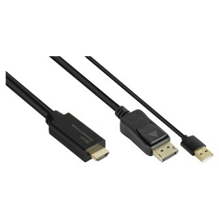Connections Adapterkabel HDMI 2.0b Stecker an DisplayPort 1.2 Stecker, 4K @60Hz, USB Power, vergoldete Kontakte, Kupferleiter, schwarz, 2m