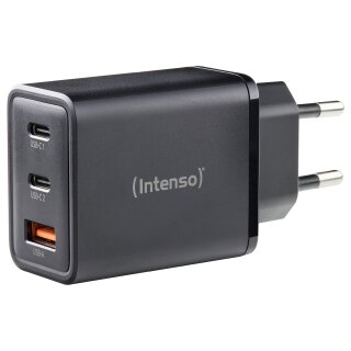 Intenso Power Adapter W65ACC Gan, Schwarz 65 Watt Netzteil, Zwei USB-C Anschlüsse und einem USB-A Anschluss