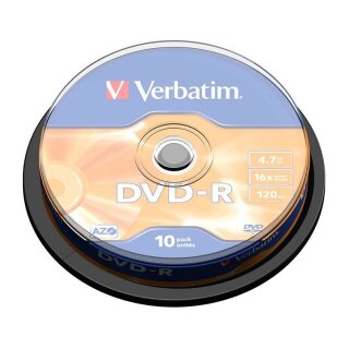 1x10 Verbatim DVD-R 4,7GB 16x Speed, matt silver Cakebox