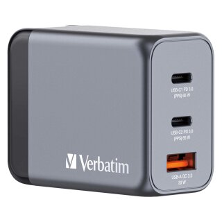 Verbatim GaN-Ladegert 65W, 1x USB-A , 2x USB-C (grau, PD 3.0, QC 3.0)