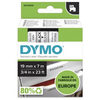 Dymo LabelWriter - D1 Etiketten Selbstklebend - 19 mm x 7 m - Schwarz auf Transparent - (S0720820)
