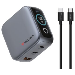 Verbatim Mini GaN Charger 3 Port 65W w Display (EU/UK/US)