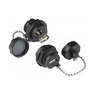 Connections Industrie-Steckverbinder S4 - USB 2.0 Durchführungskupplung, Buchse A beidseitig, einseitig mit Deckel, Bajonett, IP67, schwarz