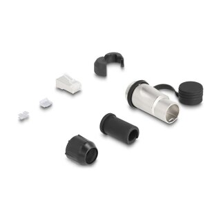 RJ45 Modularer Stecker zur Eigenmontage Cat.6A mit robusten Kabelsteckergehäuse und Schutzkappe passend für die Delock Durchführungskupplungen