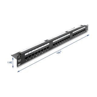 19" 1 HE Patchpanel 24 Port Cat.6 mit LED und Entlastungsschiene ungeschirmt schwarz