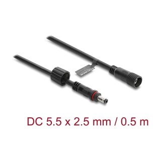 DC Verlängerungskabel 5,5 x 2,5 mm Stecker zu Buchse mit Schraubverschluss M12 x 1,75 mm Gewinde wasserfest 18 AWG, 0,5 m schwarz