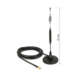 DELOCK LTE Antenne SMA Stecker 6dBi starr omnidirektional mit magnetischem Standfus und Anschlusskabel RG-58, 3 m outdoor schwarz