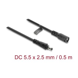 Delock DC Verlängerungskabel 5,5 x 2,5 mm Stecker zu Buchse mit Bajonettverschluss 18 AWG, 0,5 m schwarz