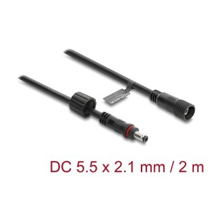 Delock DC Verlängerungskabel 5,5 x 2,1 mm Stecker zu Buchse mit Schraubverschluss M12 x 1,75 mm Gewinde wasserfest 18 AWG, 2 m schwarz