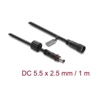 Delock DC Verlängerungskabel 5,5 x 2,5 mm Stecker zu Buchse mit Schraubverschluss M12 x 1,75 mm Gewinde wasserfest 18 AWG, 1 m schwarz