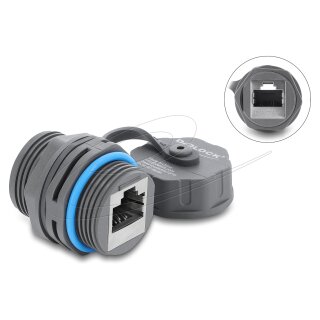 Kabelverbinder RJ45 Buchse zu RJ45 Buchse Cat.6A mit M23.5 x 1,5 mm Gewinde und Verschlusskappe IP68 staub- und wasserdicht grau
