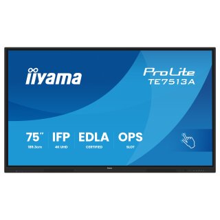 189,3cm/75" (3840x2160) iiyama ProLite TE7513A-B3AG 16:9 4K IPS 8ms HDMI DisplayPort USB-C USB LAN RS232 VESA Speaker Touch WiFi Black
