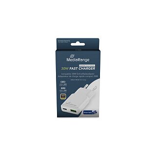 MediaRange Ladegerät 30W 2-Port 1x USB-A/1x USB-C GaN, weiß